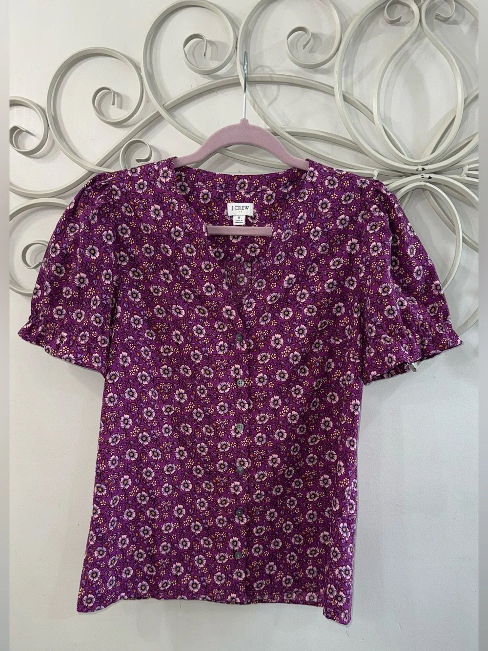 J. Crew Purple Floral Puff Sleeve Blouse